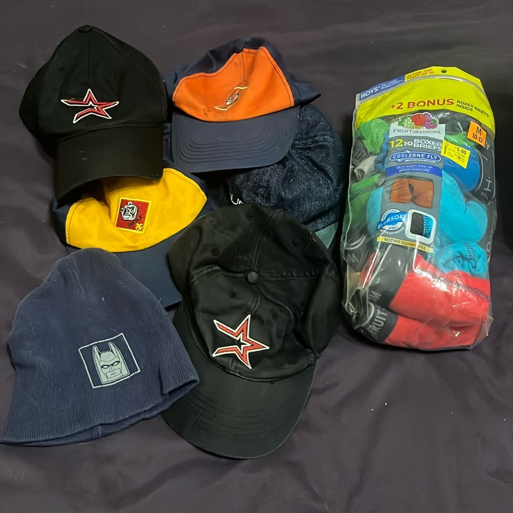 Mixed Box of Hats and an Unused Pack of Boys Medium Cool Zone Fly Boxer Briefs